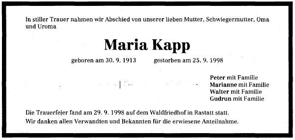 Mueller Maria 1913-1998 Todesanzeige